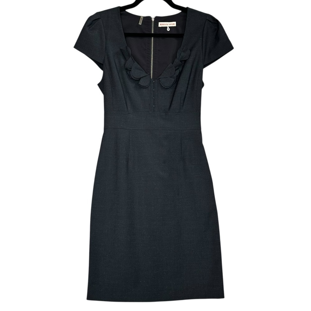 Rebecca Taylor Charcoal Gray Wool Blend Corset Sheath Dress Ruffle V-Neck Size 1
